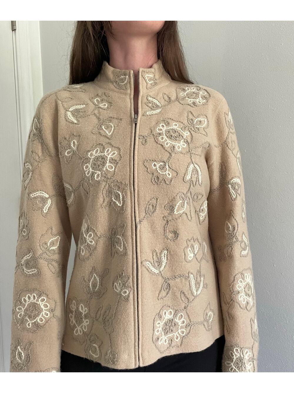 Vtg 100% Merino Wool Jones New York Zip Up Sz M Jacket Embroidered Boho